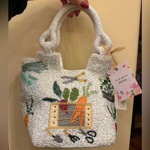 NWT Made in India Gardening Gardner Spring Vegetable White Multicolor Beaded Bag